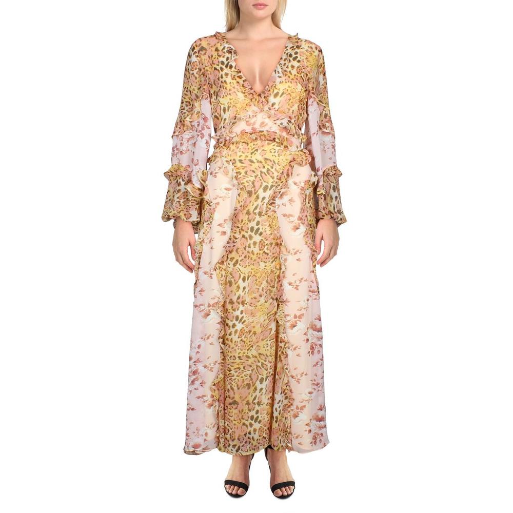 Bardot Womens Yellow V Neck Ruffled Bishop Sleeves Maxi Dress NWT